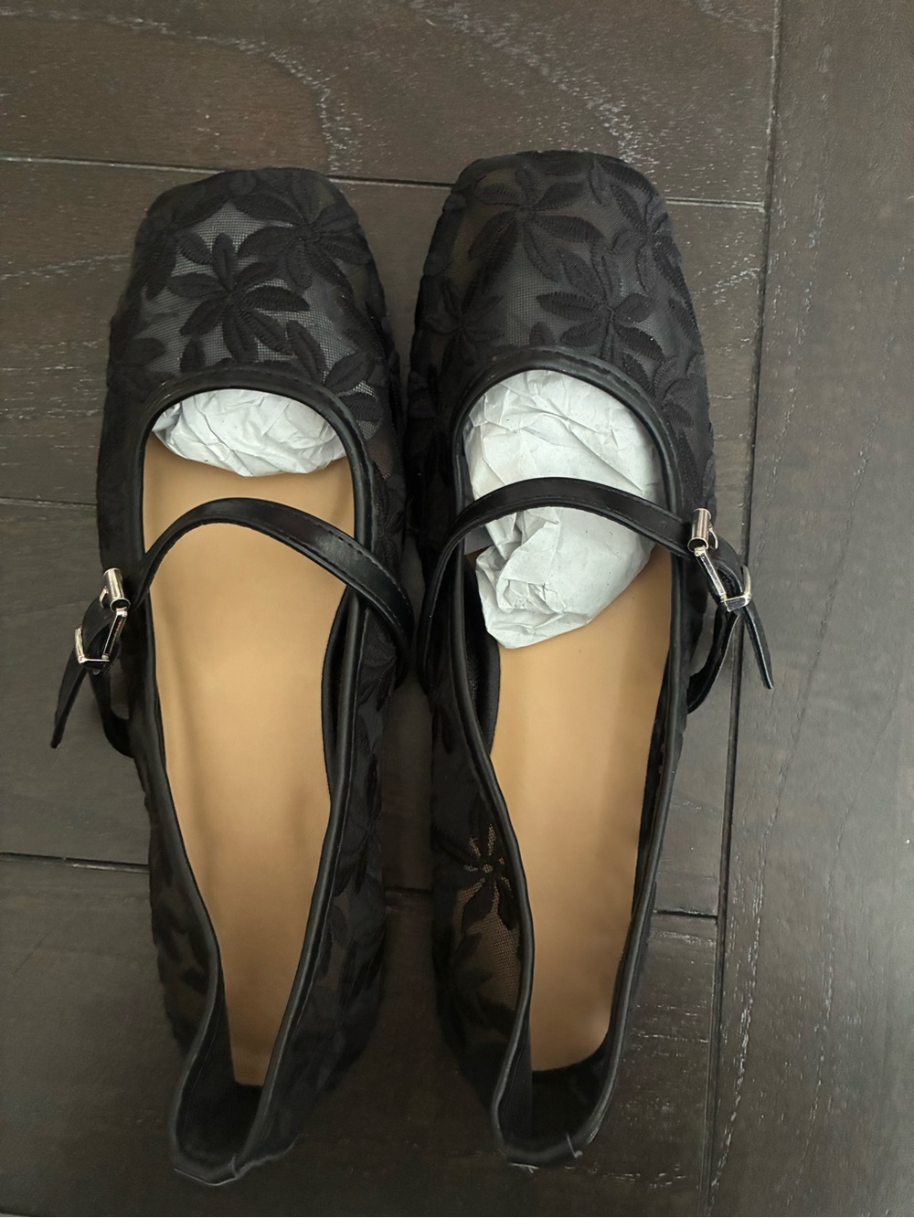 Black Floral Embroidered Mary Jane Flats - Women